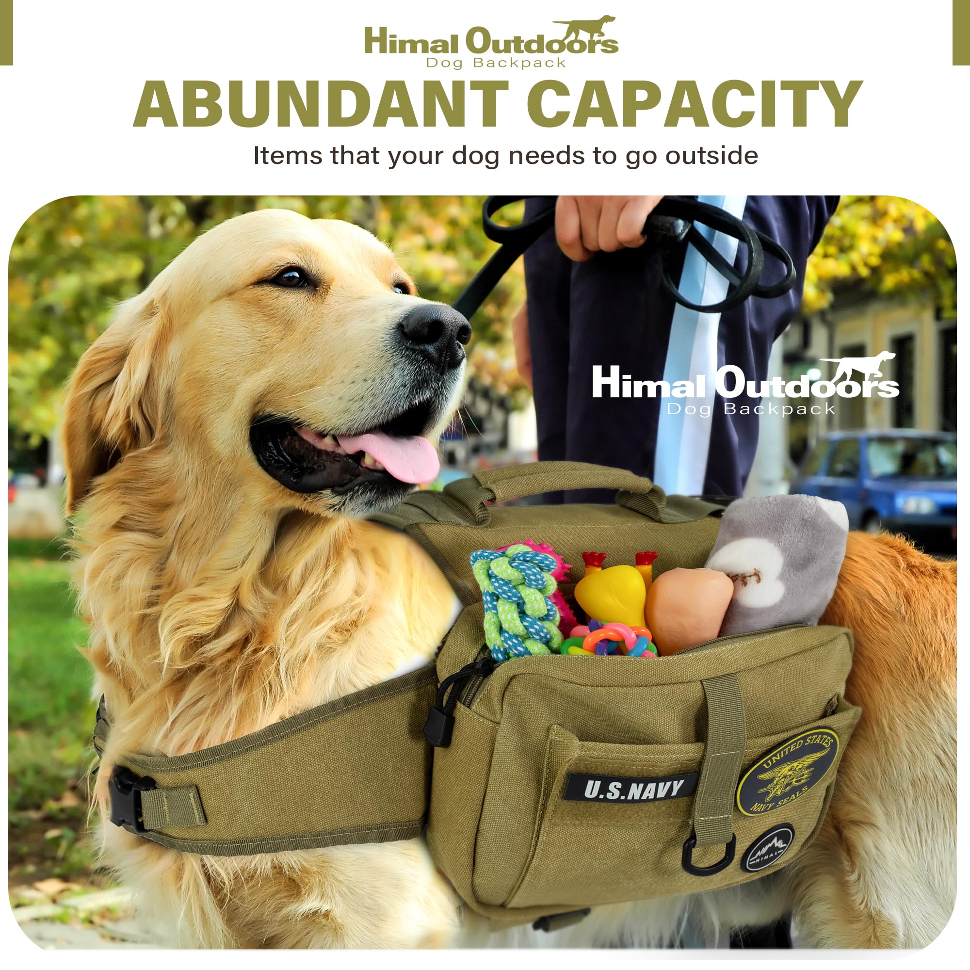 Himal Outdoors dog backpack ample storage for water, food, toys during outdoor adventures.