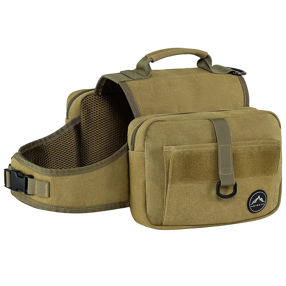 Himal Outdoors dog backpack top handle aids lifting over obstacles during rugged trails.