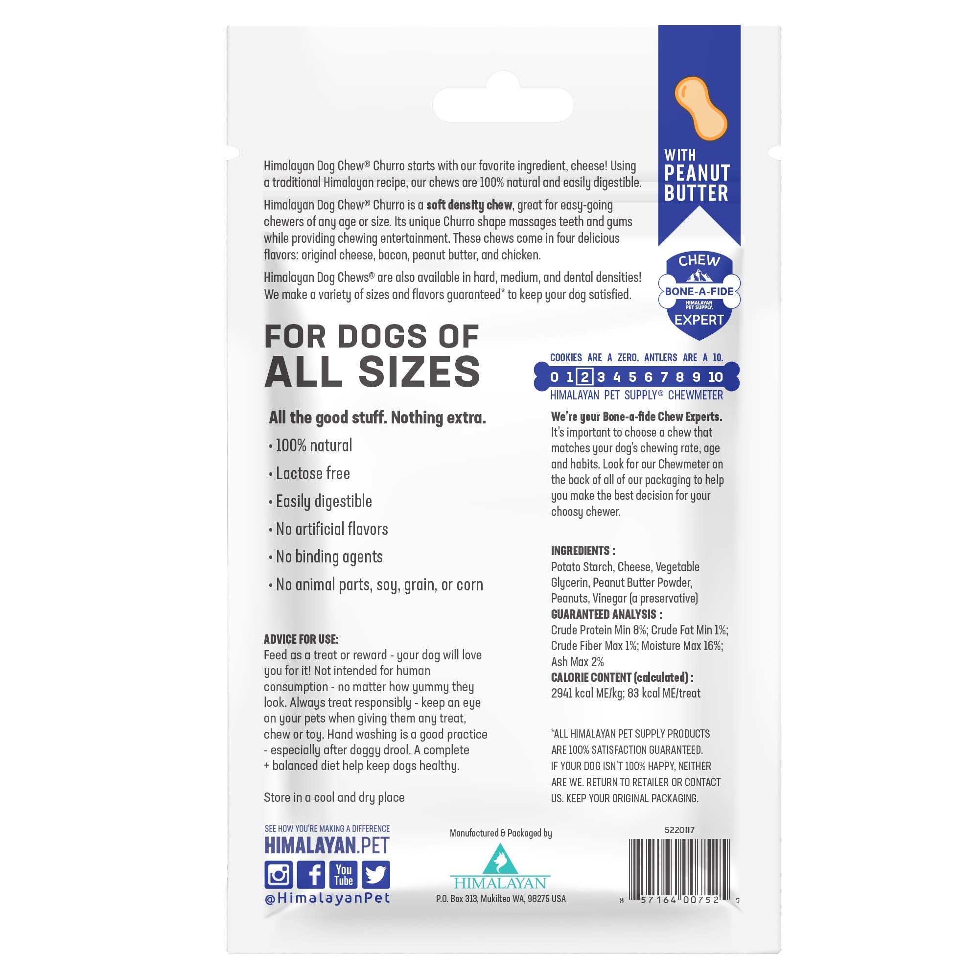 Himalayan Dog Chew Churro peanut butter flavor close-up highlights tasty, protein-rich flavor.