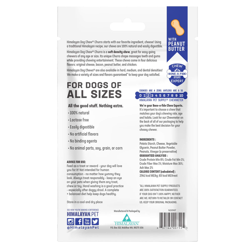 Himalayan Dog Chew Churro peanut butter flavor close-up highlights tasty, protein-rich flavor.