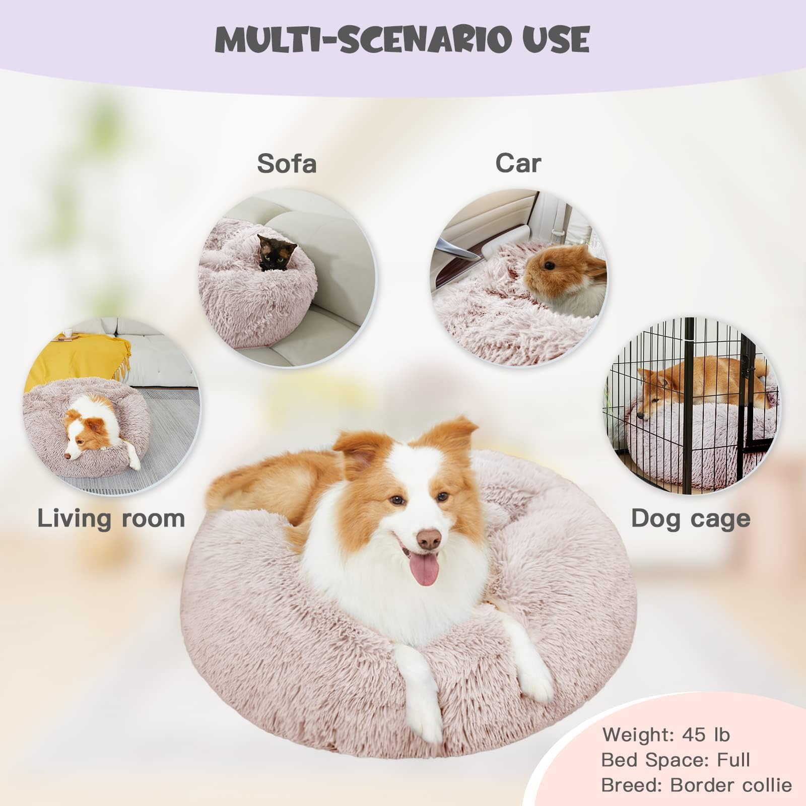 Himax donut dog bed size chart view shows three size options for small to large dogs