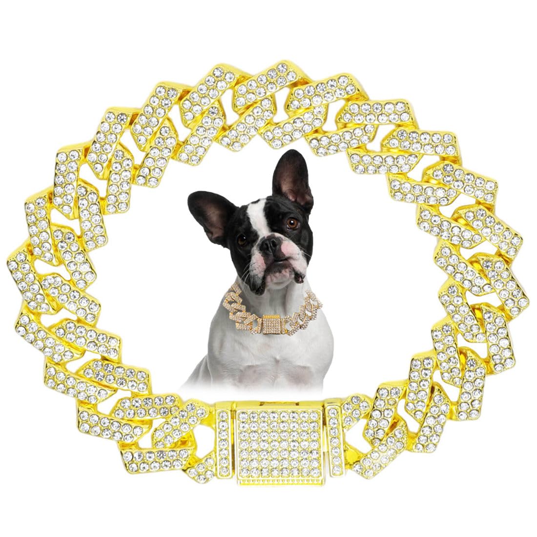 HimyBB Golden Cuban Link Dog Collar closeup shows rhinestones for stylish daily wear