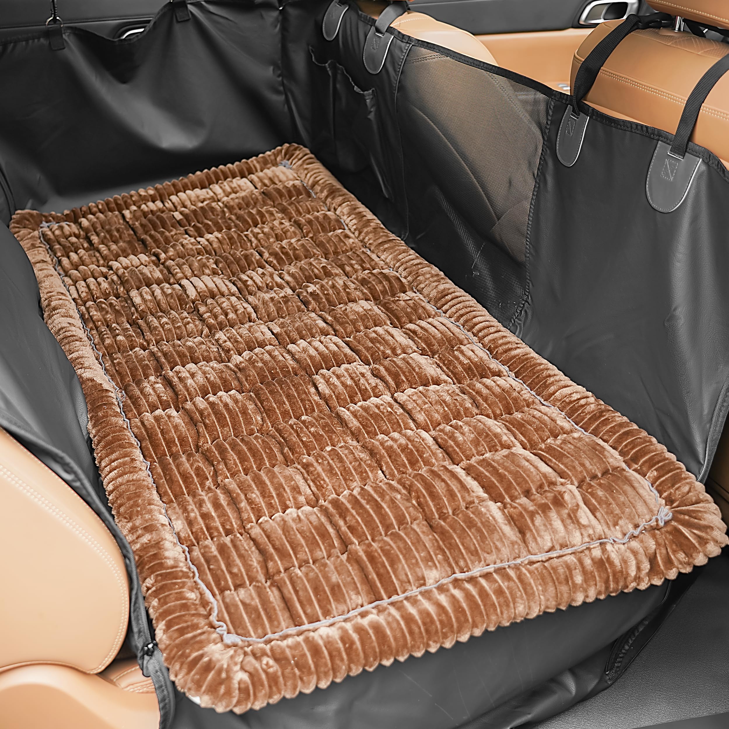 HiPetpy backseat dog bed mat on car seat providing secure travel comfort.