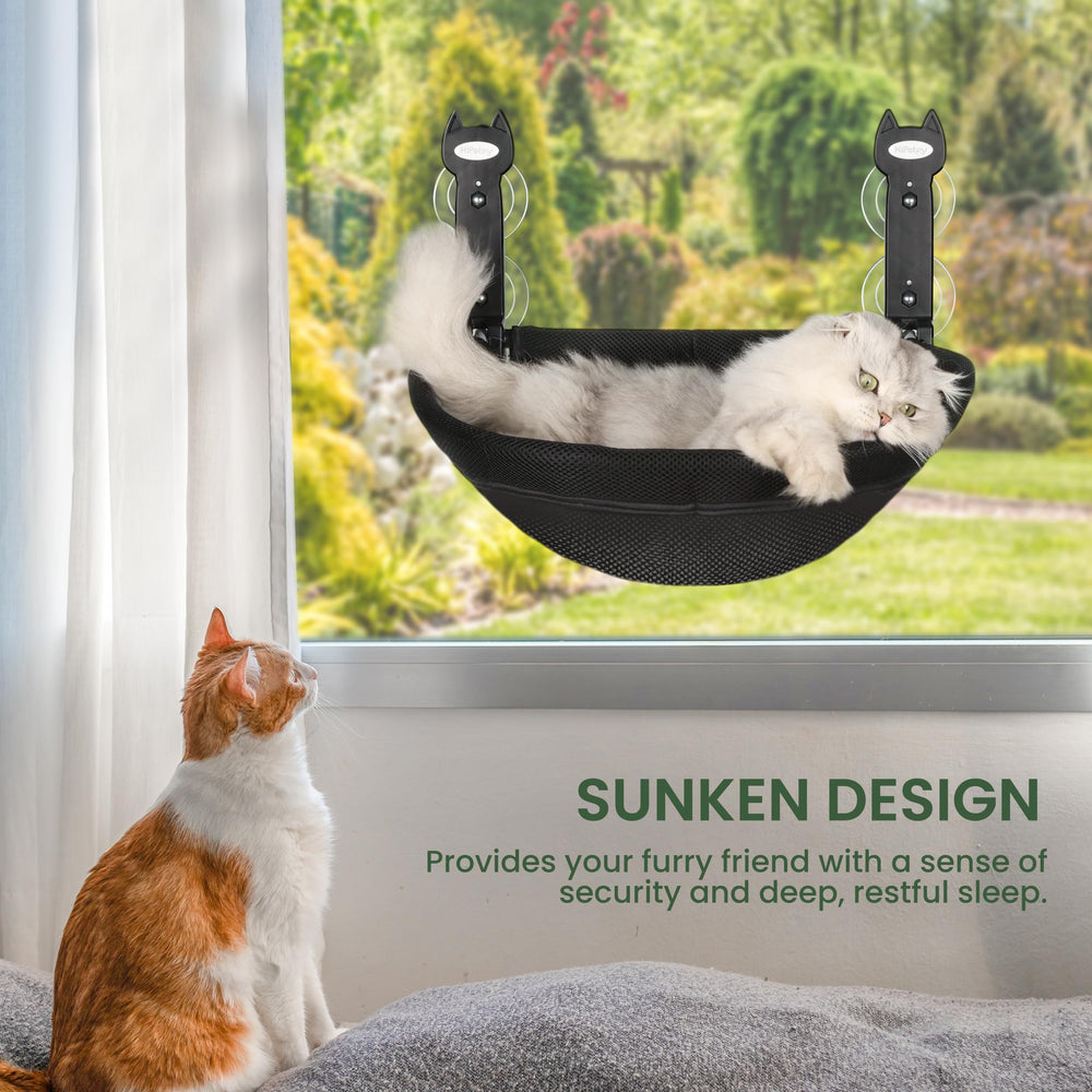HiPetpy window perch showing breathable mesh fabric for year-round comfort