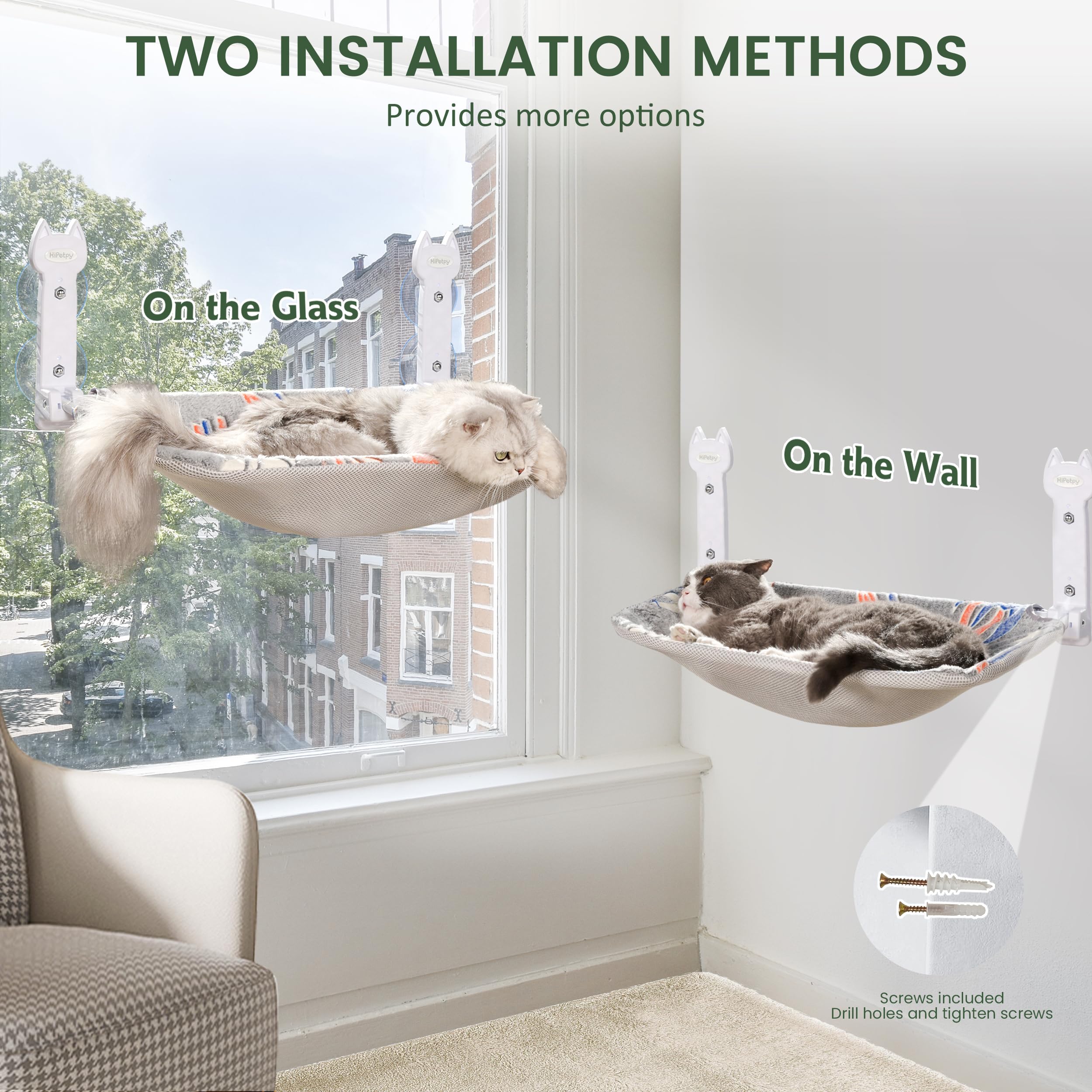 HiPetpy cat window perch cordless-suction-cups ensure flexible placement without cords.