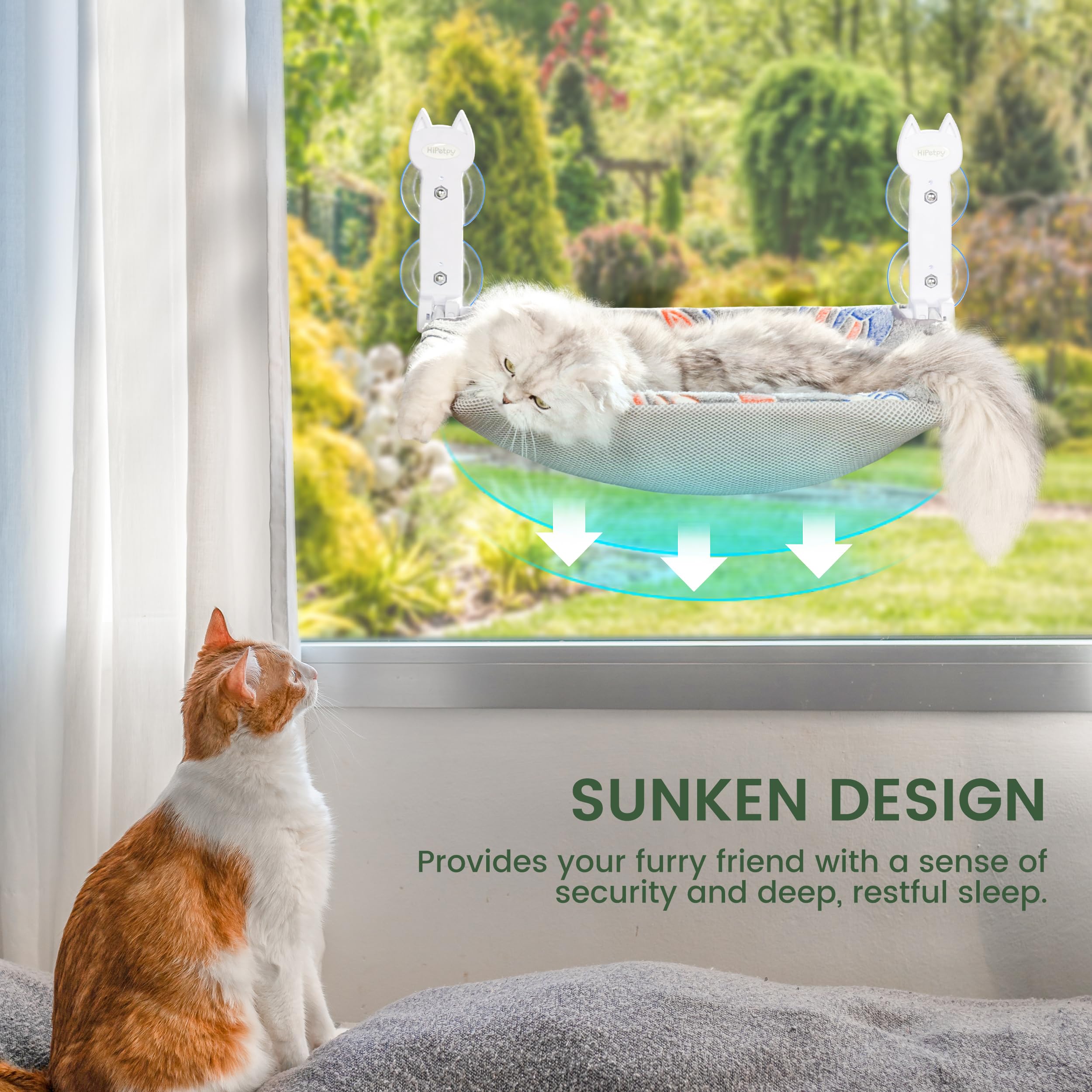 HiPetpy cat window perch sunken-design creates secure curled-nap comfort.