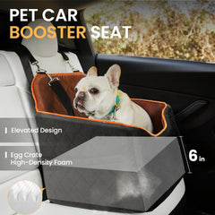 HiPetpy memory foam booster seat provides plush support for small dogs on the road.