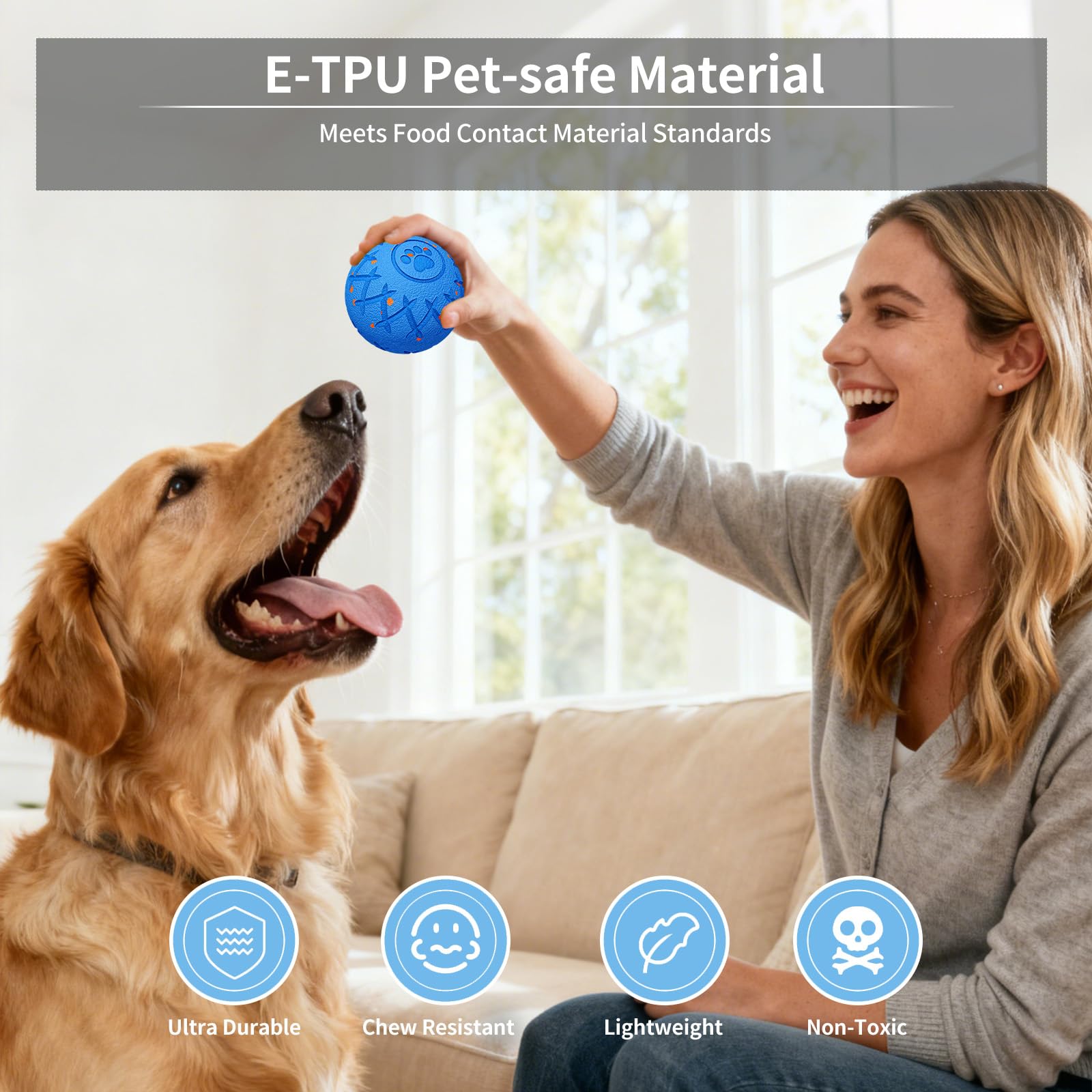 Hipibbo Interactive Dog Ball blue e-tpu-closeup—chew-resistant design supports active chewing sessions.