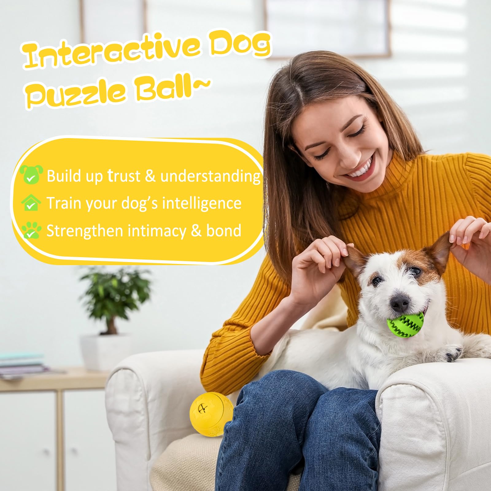 HIPPIH yellow ball close-up demonstrates durable rubber for chewing and mental engagement.