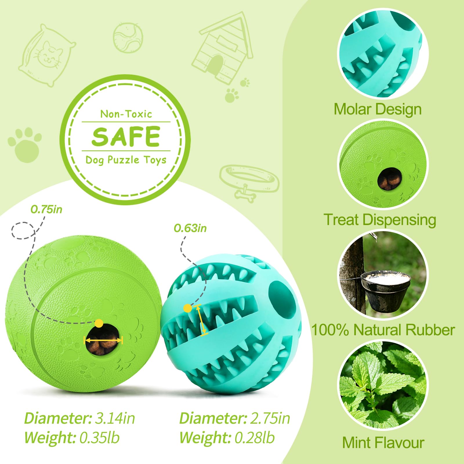 HIPPIH dog puzzle toy green 3.14-inch ball supports chewing and slow feeding.