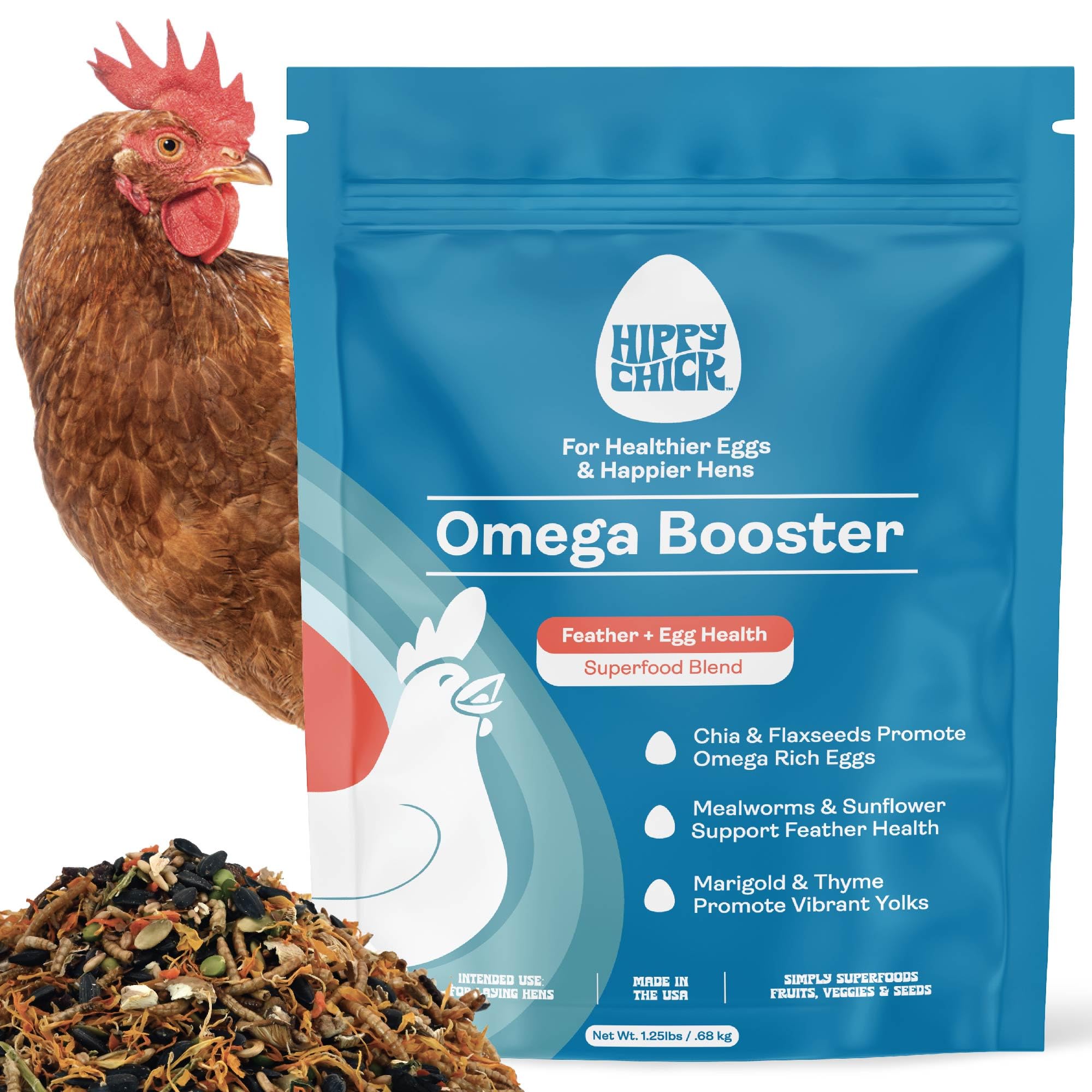 Hippy Chick Egg Booster bottle front, highlighting omega-3 poultry supplement