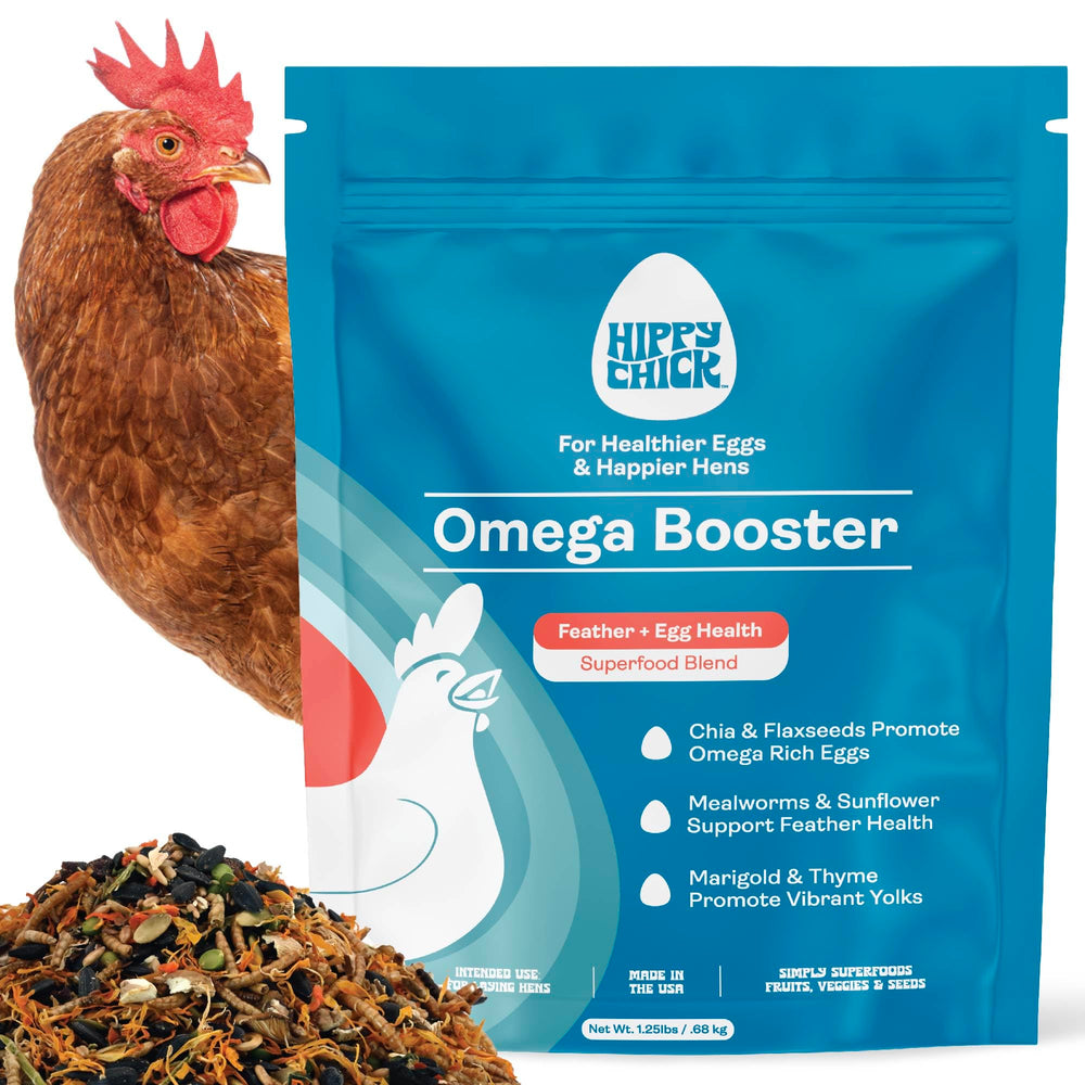 Hippy Chick Egg Booster bottle front, highlighting omega-3 poultry supplement