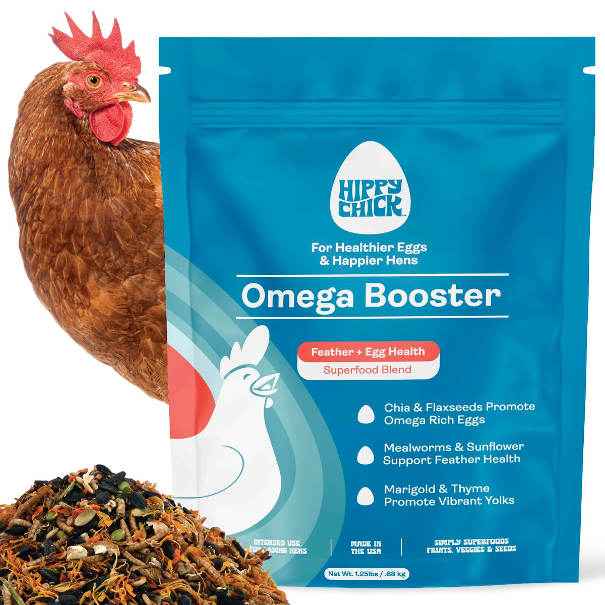 Hippy Chick Egg Booster bottle front, highlighting omega-3 poultry supplement