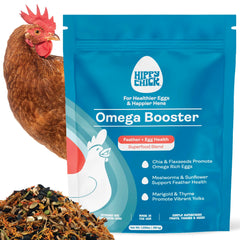 Hippy Chick Egg Booster bottle front, highlighting omega-3 poultry supplement