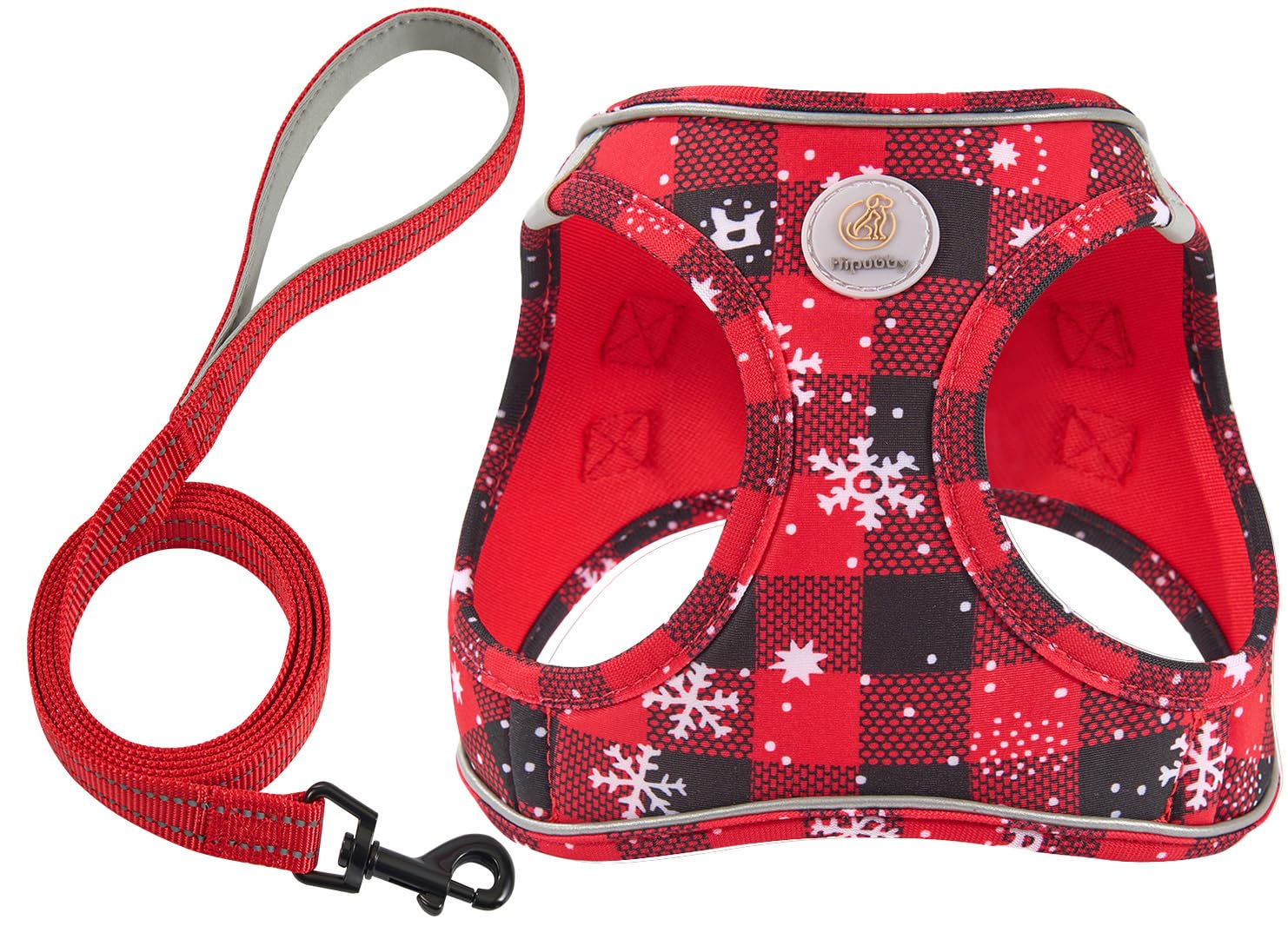Hipubby Christmas dog harness red front view, comfortable and secure for daily wear.