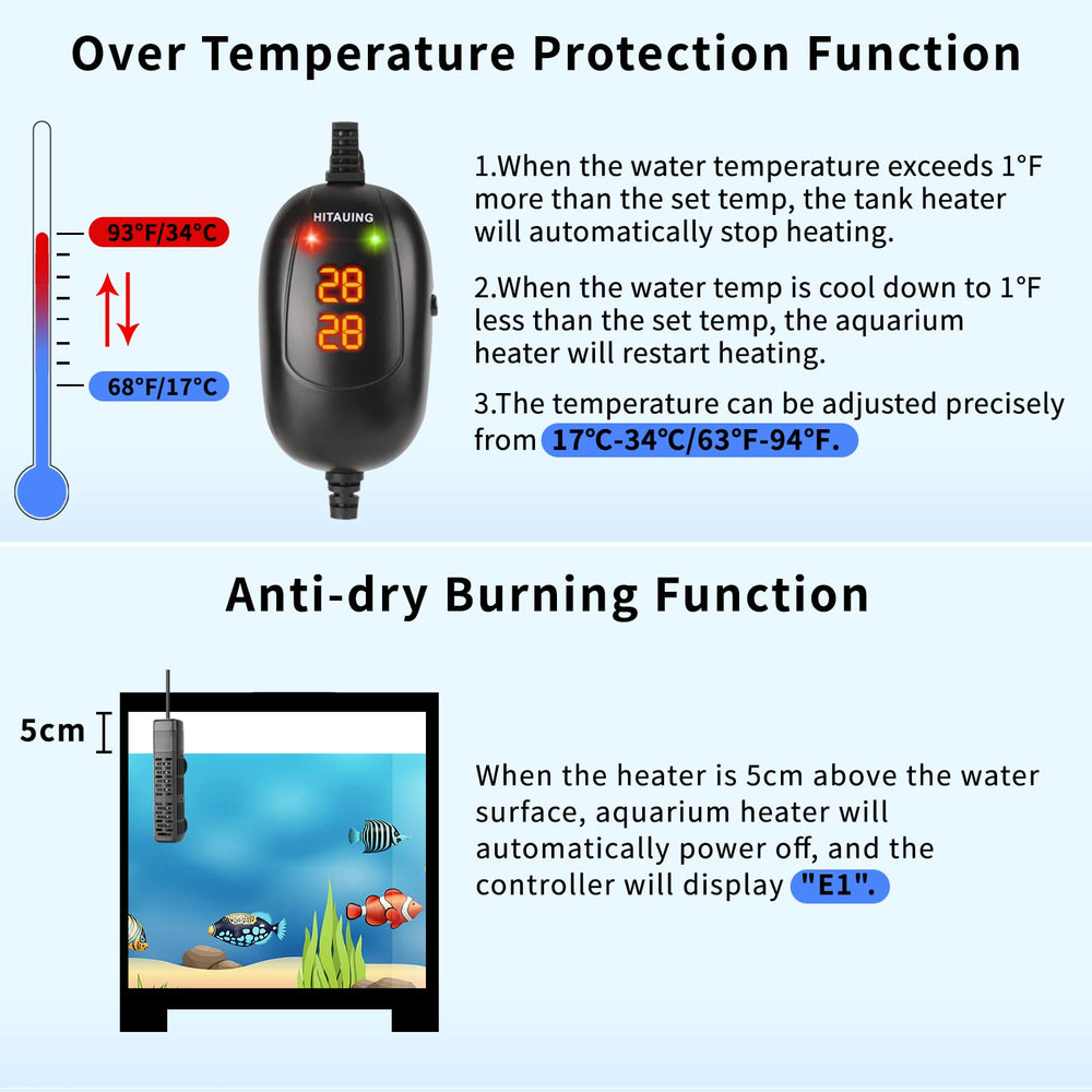 HiTauing Aquarium Heater digital display demonstrates precise temp control