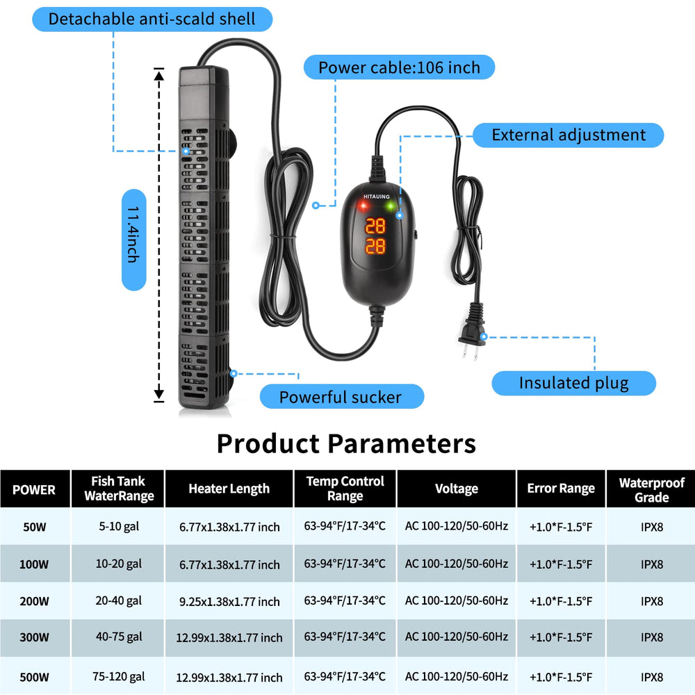 HiTauing aquarium heater over temperature protection guards tank inhabitants and equipment.