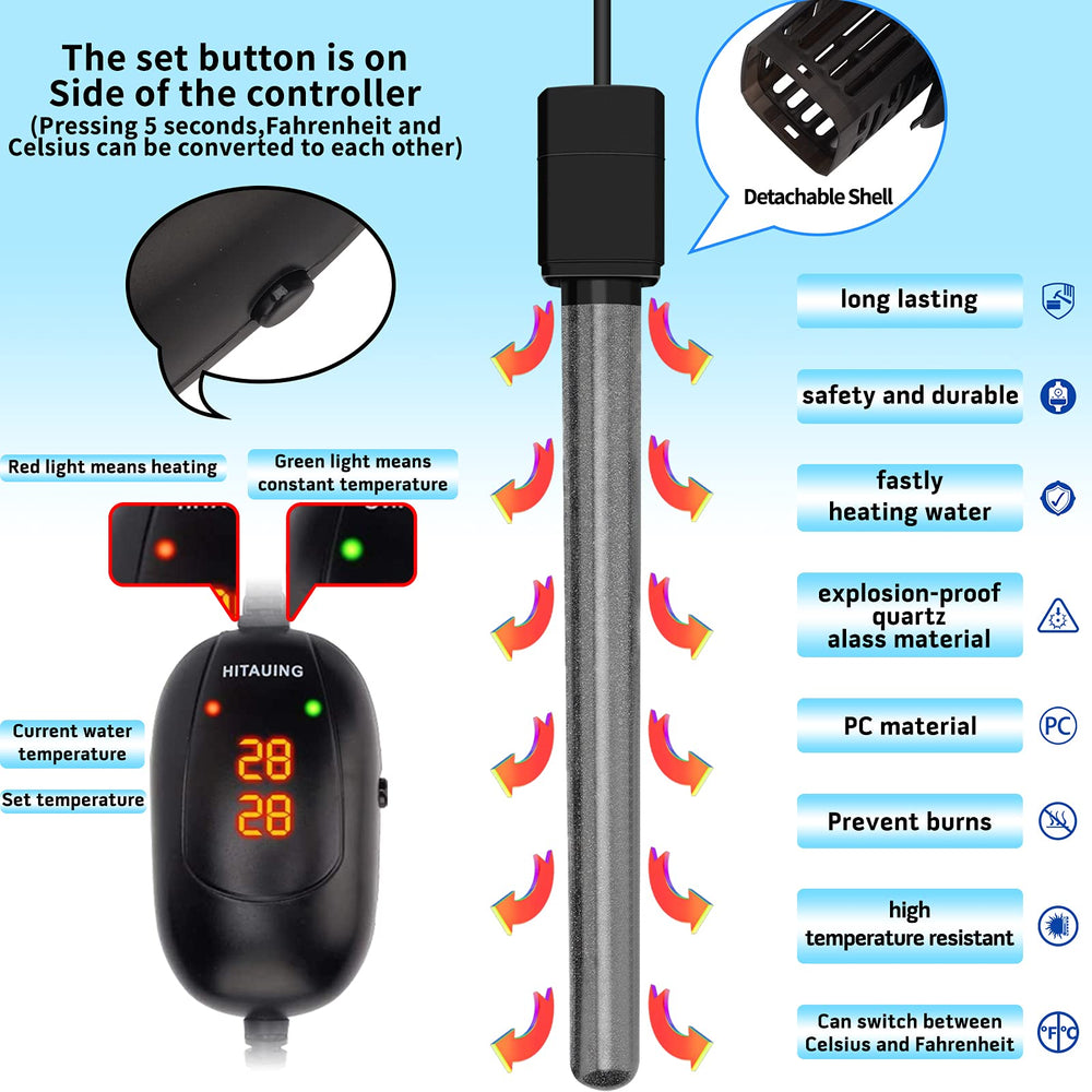 HiTauing aquarium heater explosion-proof quartz glass ensures durable heat and safety.
