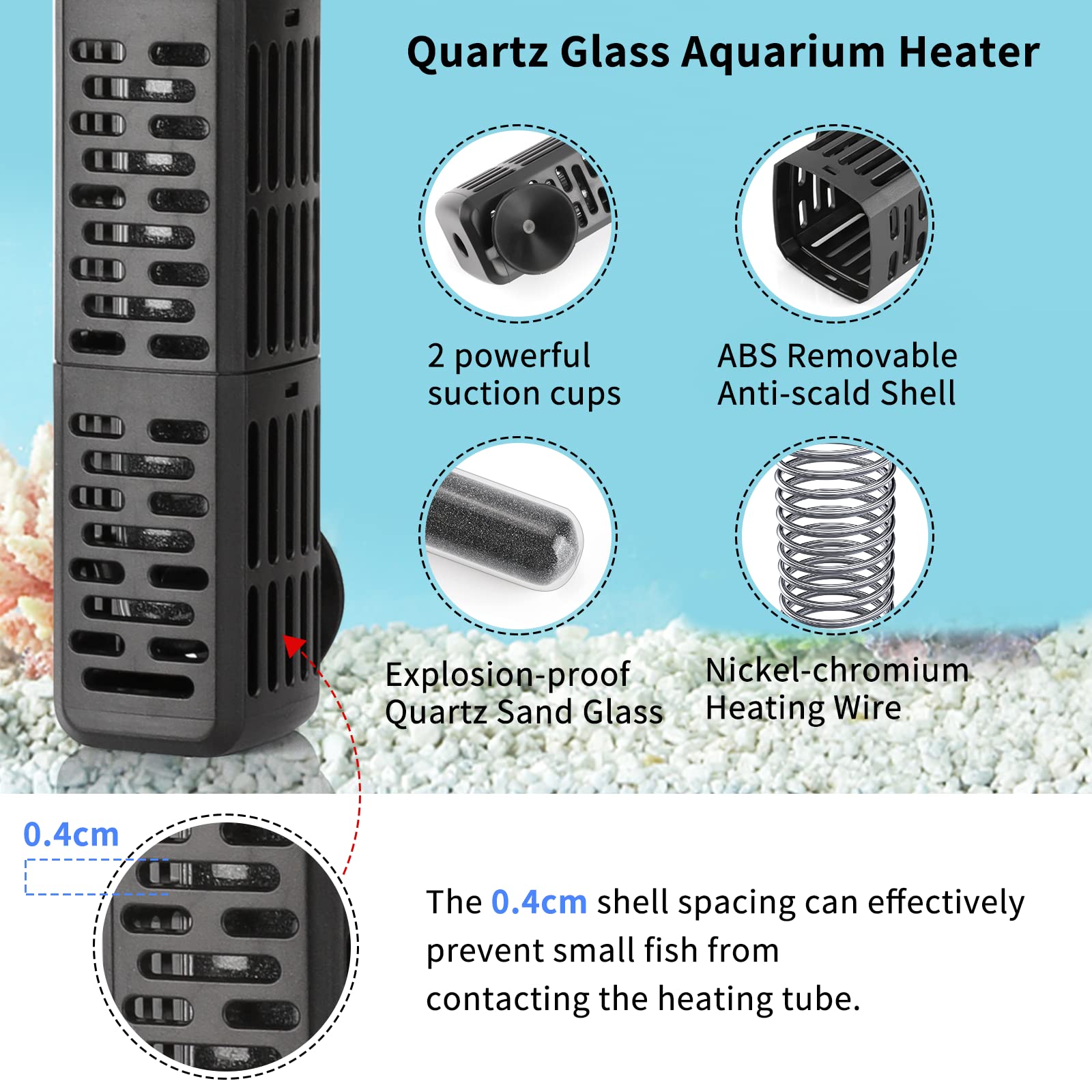 HiTauing aquarium heater quartz glass housing for durable, explosion‑proof heating