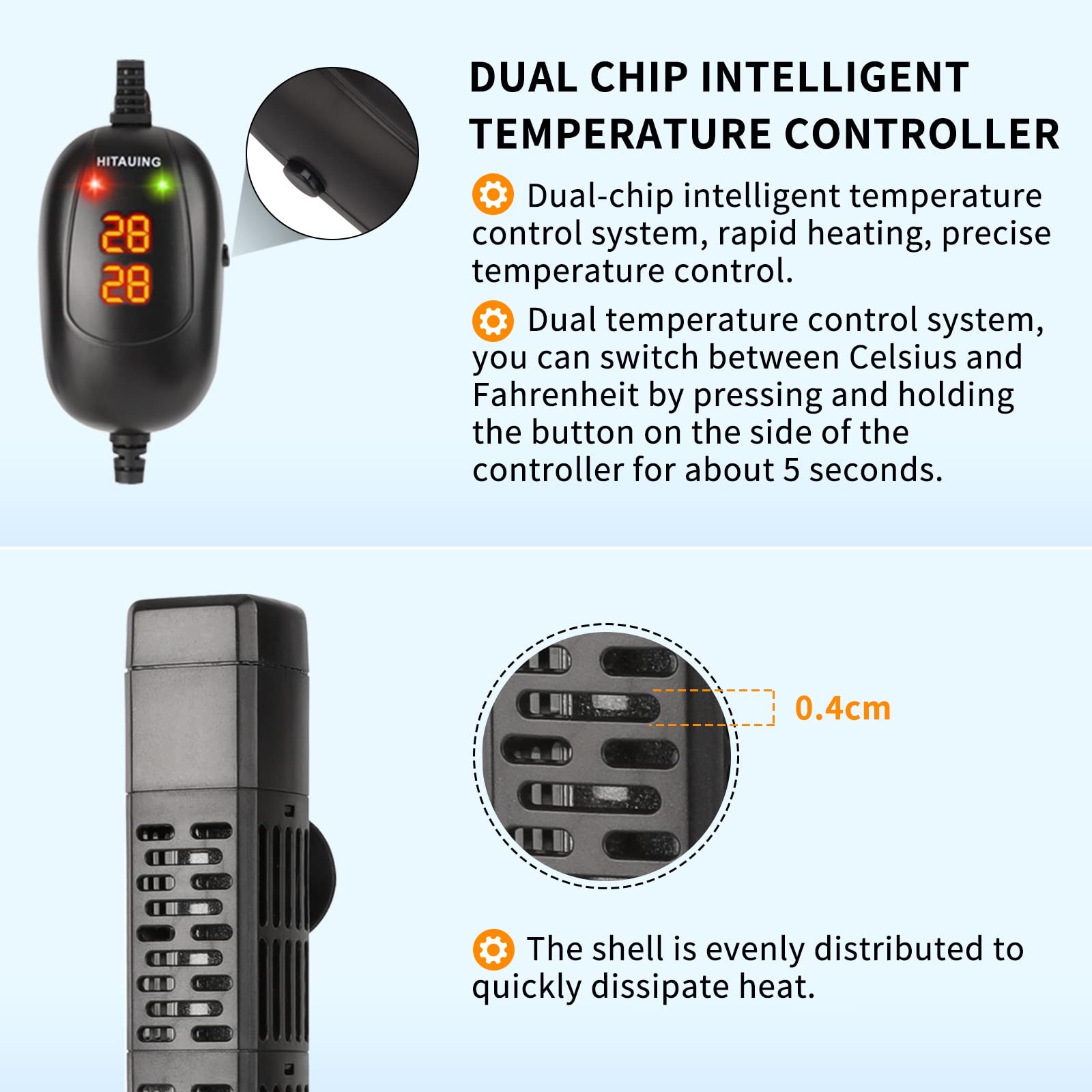 HiTauing Aquarium Heater quartz glass housing provides durability and fast heat transfer