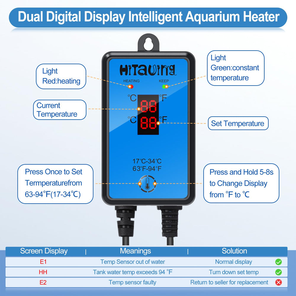 HiTauing heater rapid heating system reduces temperature gap quickly for responsive fish tank warming.