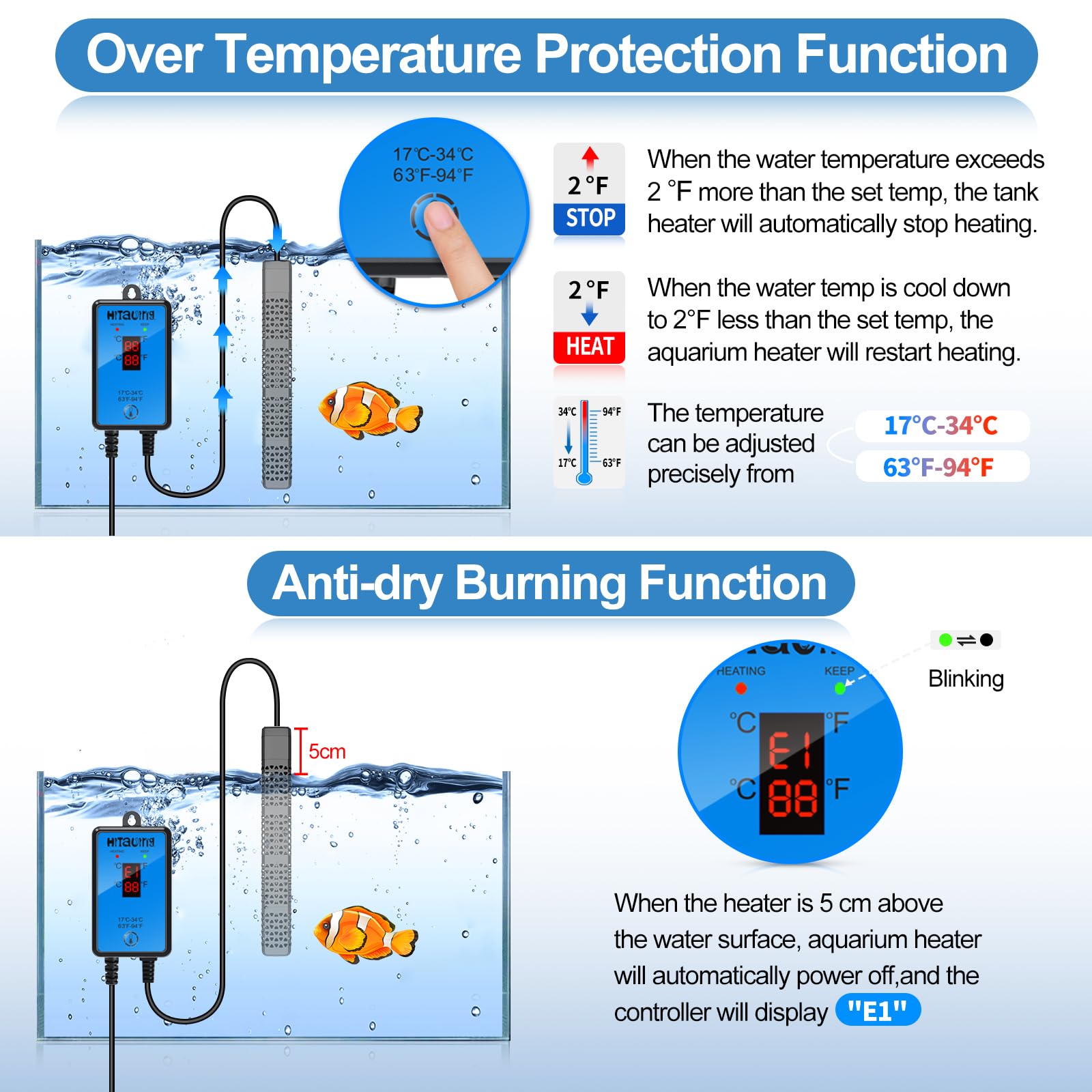 HiTauing temperature sensor provides safe auto-stop when water level lowers, preventing overheating.