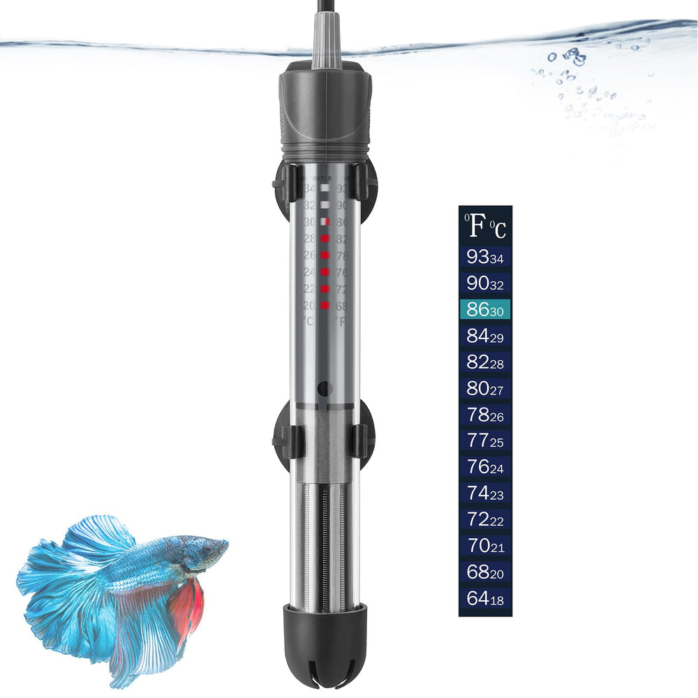 Hitop 25W heater body in tank provides compact, steady warmth for small aquariums.