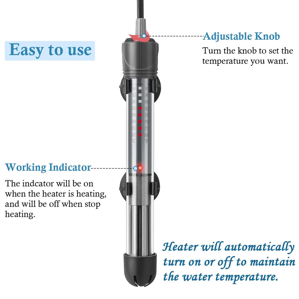 Hitop 25W thermostat control enables reliable temperature setup for tropical fish.