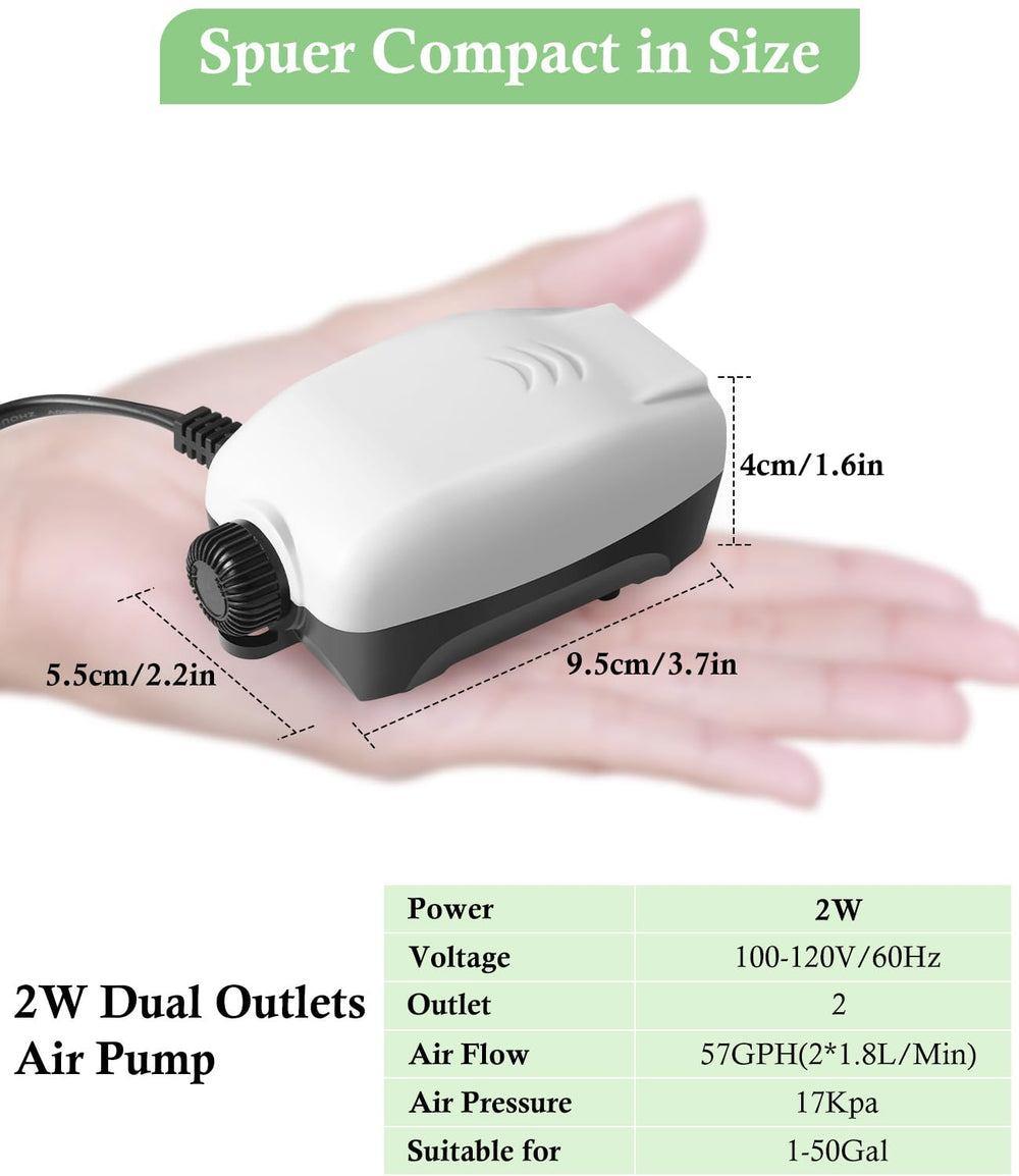 Hitop 2W Nano Whisper airpump side view highlights dual outlets for flexible tank aeration.