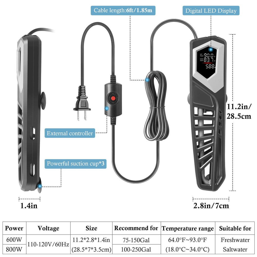 HITOP 800W titanium heater digital LED display shows set and real-time temps.