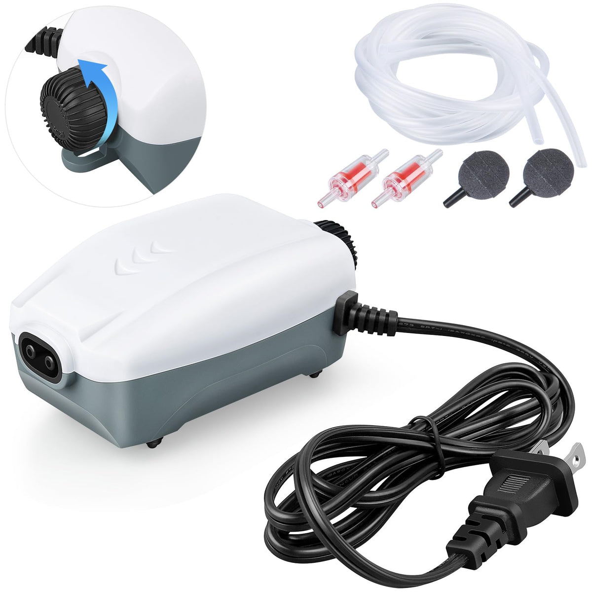 HITOP dual-outlet air-pump front view shows compact quiet aeration for large tanks