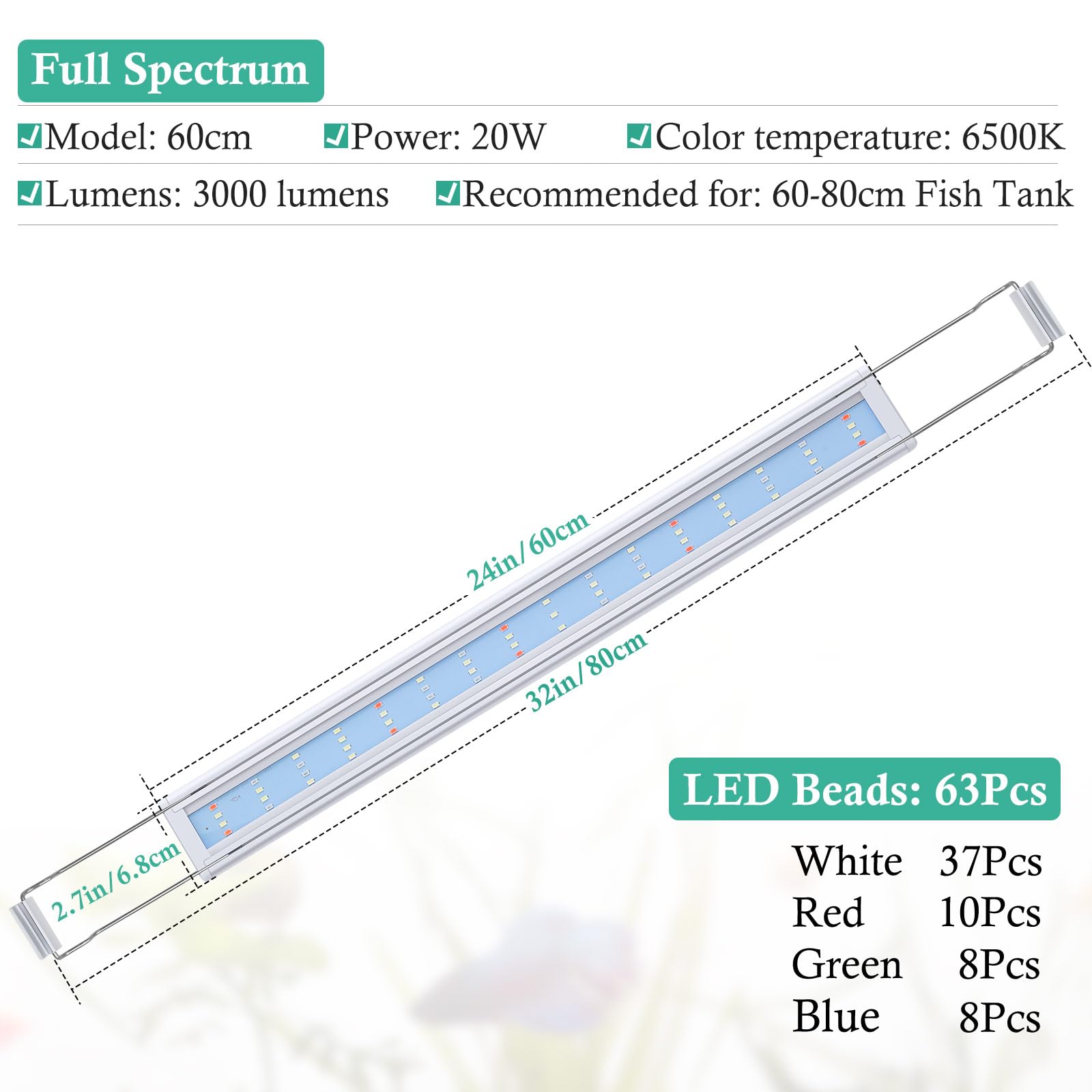 HITOP full-spectrum 63-LEDs close-up shows spectrum for plant photosynthesis and vivid tank color.