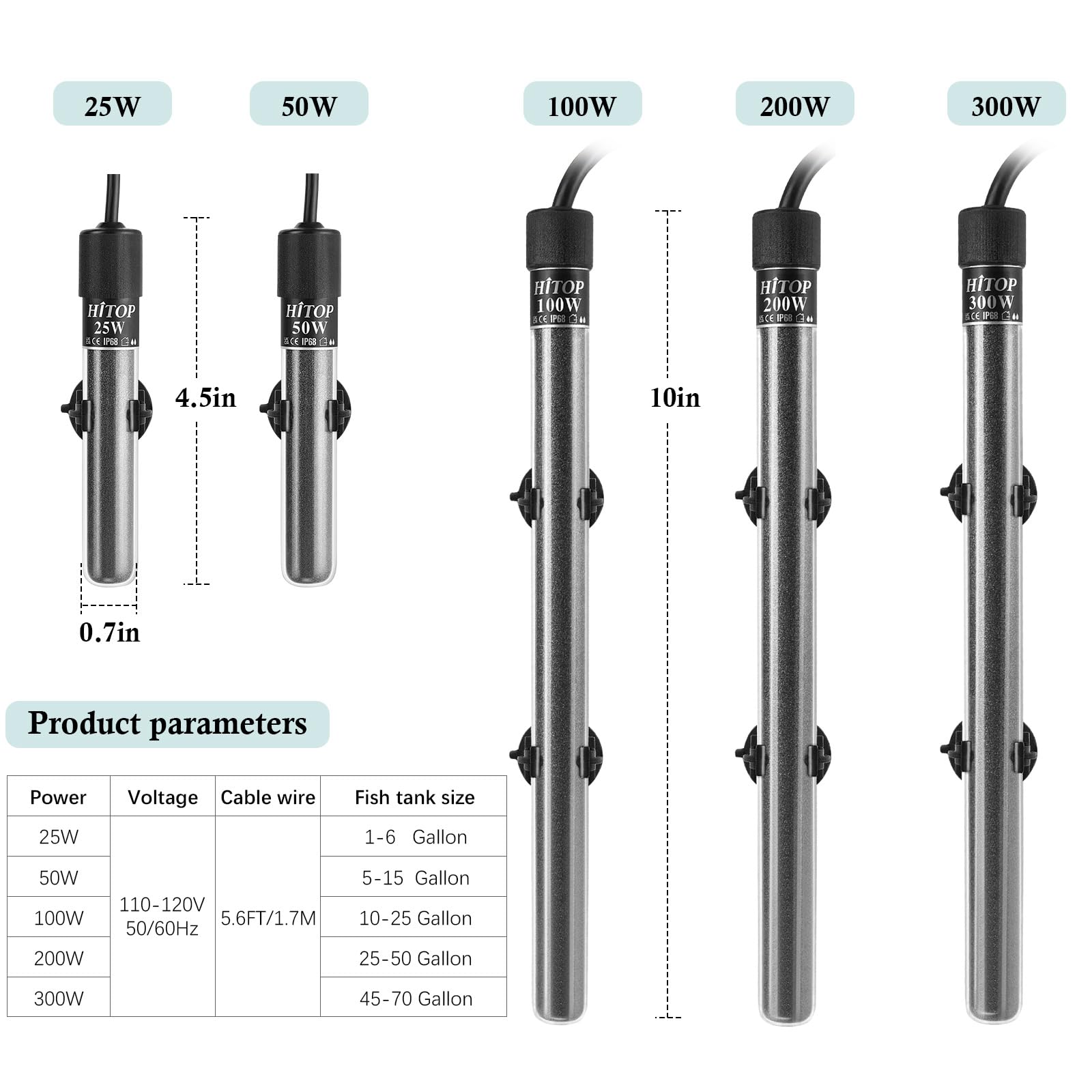 Hitop Mini Calefactor Acuario cuerpo de vidrio de cuarzo y sellado fiable