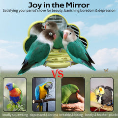 Hivovannn Bird Mirror slow-feeder highlights snack moments during play sessions for birds.