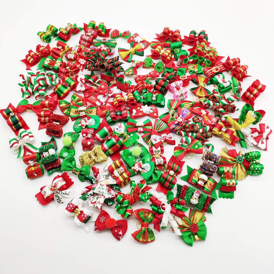 Hixixi 100pcs pack displays mixed Christmas bows for holiday grooming sessions