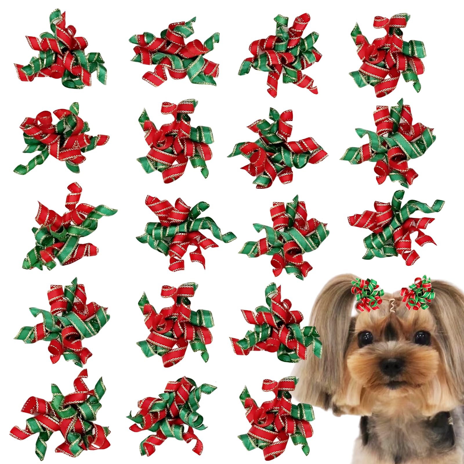 Hixixi curly Christmas dog bows arranged for a festive pet photoshoot