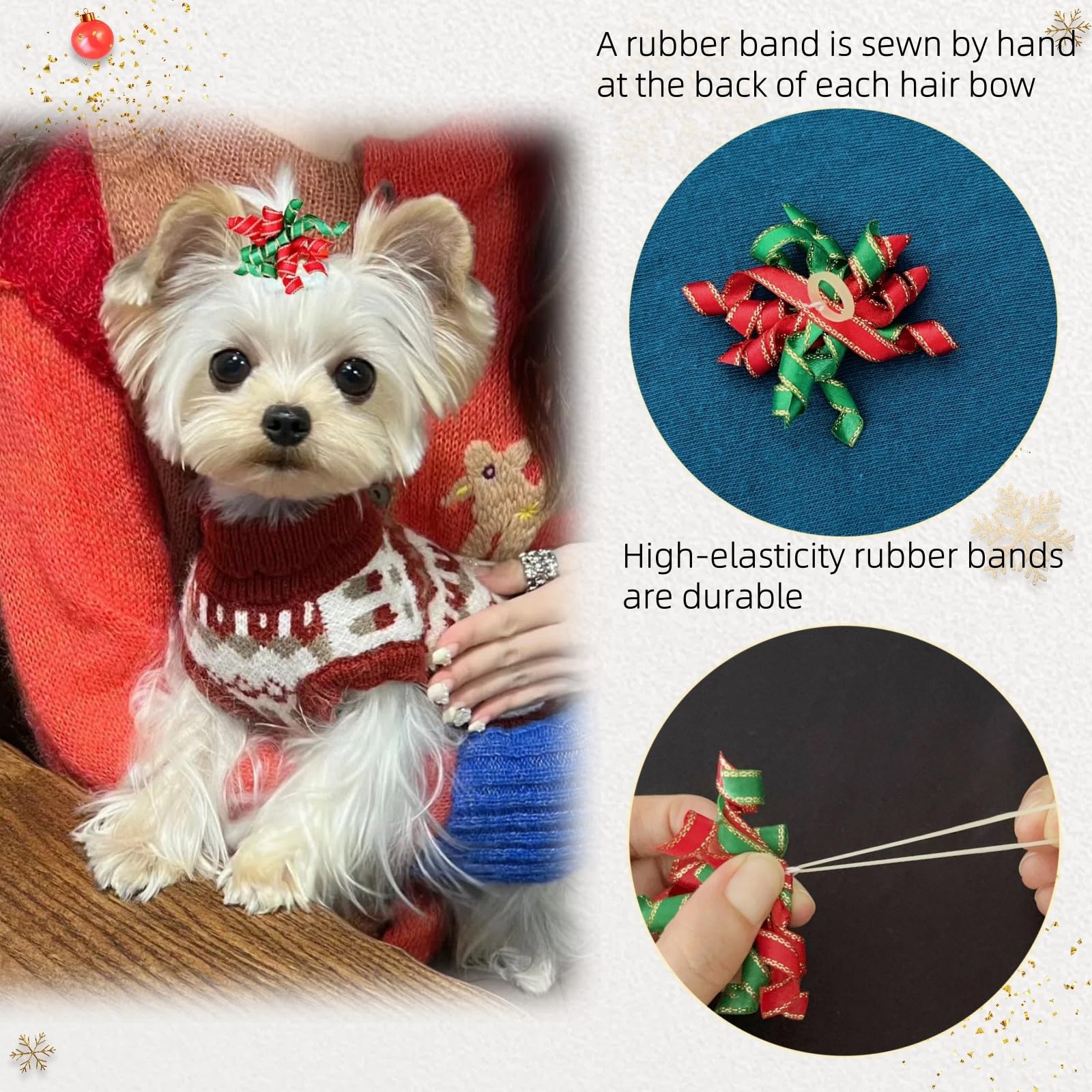 Hixixi dog bows on a small dog showcasing holiday sparkle