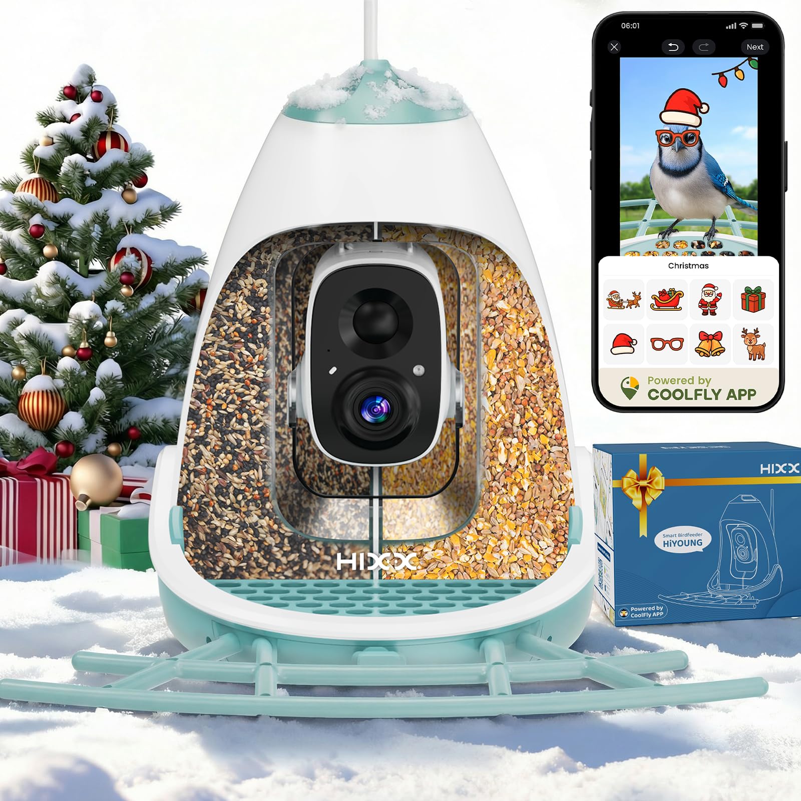 HIXX Smart Bird Feeder camera blue front view for real-time backyard bird monitoring.