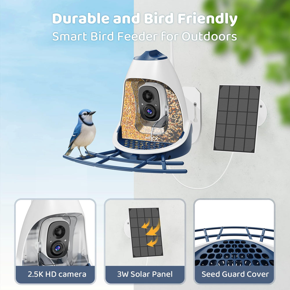 HIXX smart bird feeder camera solar panel close-up powers outdoor monitoring with solar energy.