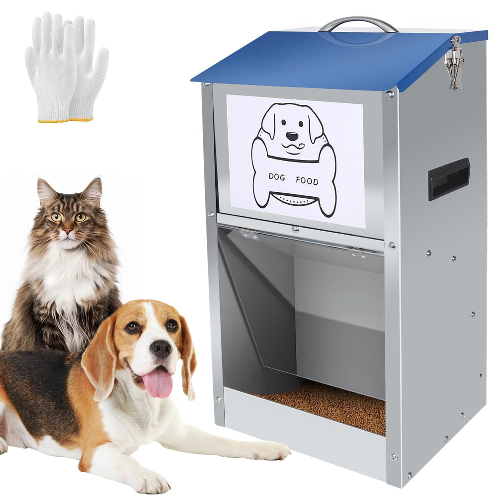 Hizmivos galvanized automatic dog feeder front view shows durable, versatile indoor/outdoor use.