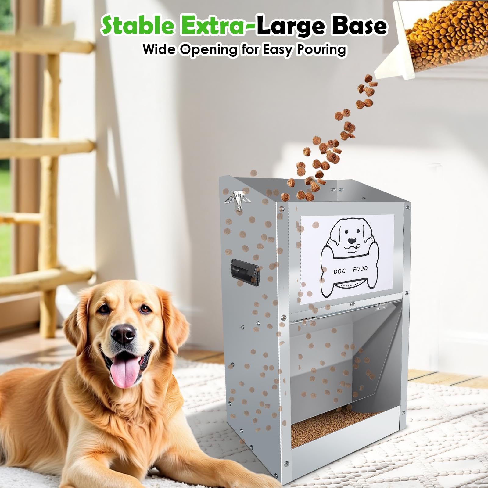 Hizmivos galvanized automatic dog feeder hopper filled 25lb demonstrates long refill intervals.