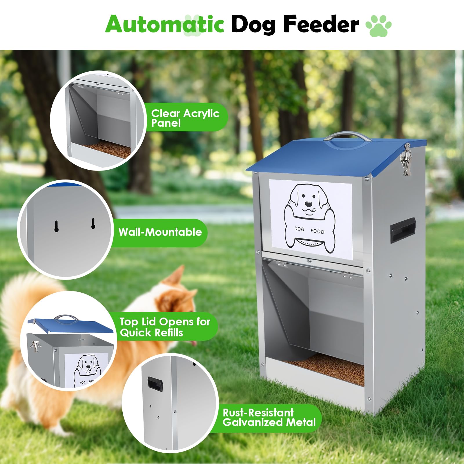 Hizmivos galvanized automatic dog feeder side design closeup highlights weather-resistant construction.