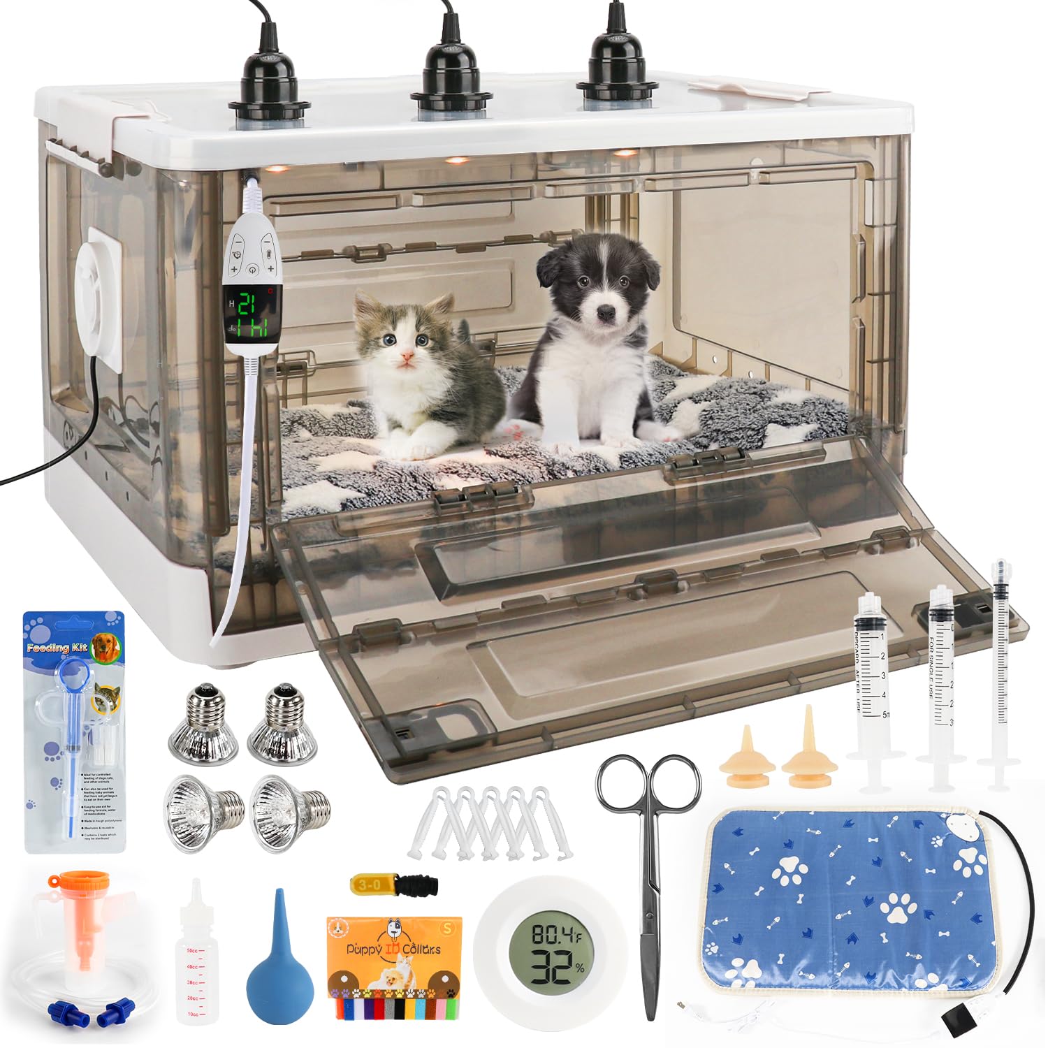 HKDQ Puppy Incubator front view shows accessible design for quick newborn checks.