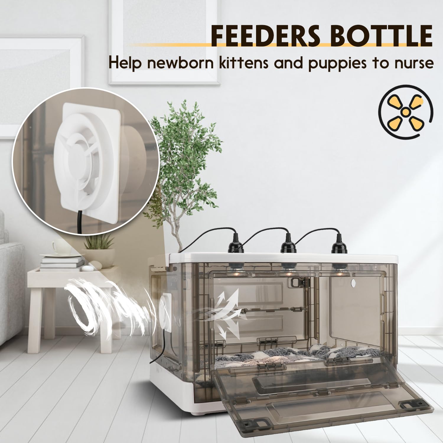 HKDQ Puppy Incubator temperature-humidity display helps monitor the microclimate precisely.