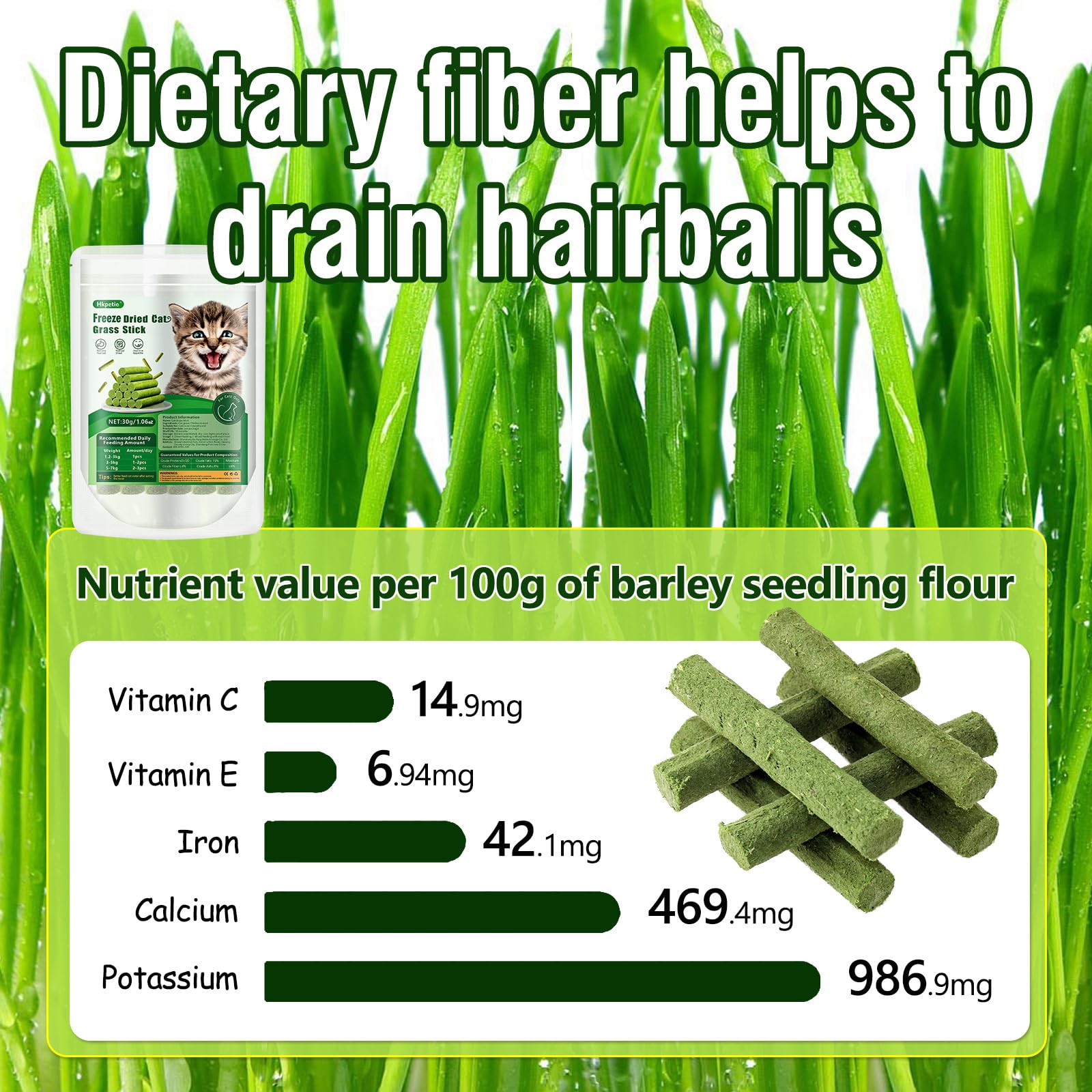 Hkpetie cat grass sticks ingredients label—natural plant extracts.
