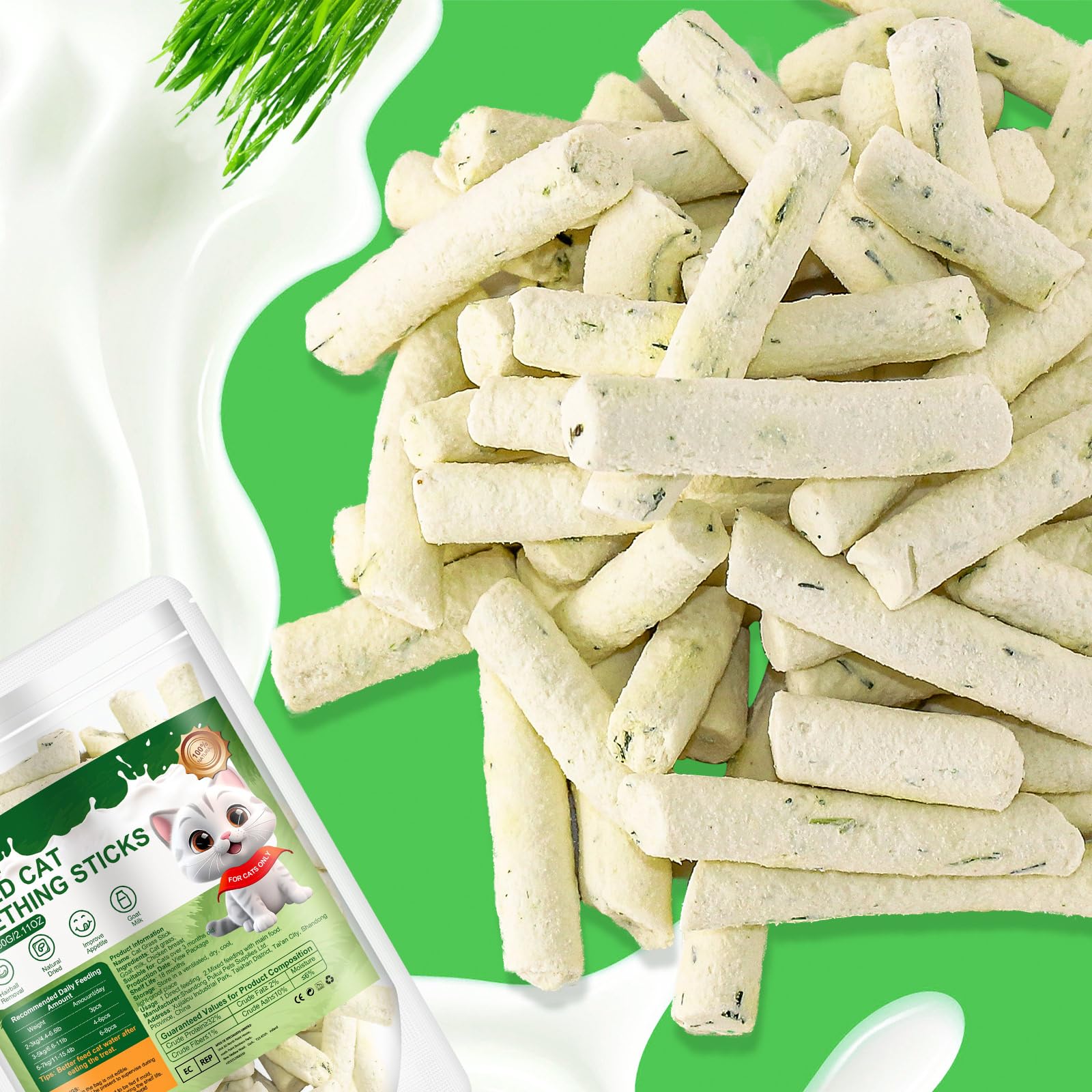 Hkpetie cat grass teething sticks natural ingredients visual emphasizing goat milk flavor.