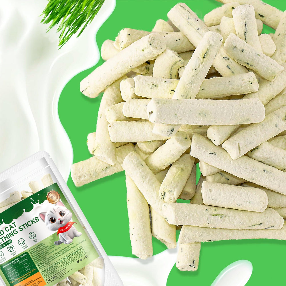 Hkpetie cat grass teething sticks natural ingredients visual emphasizing goat milk flavor.