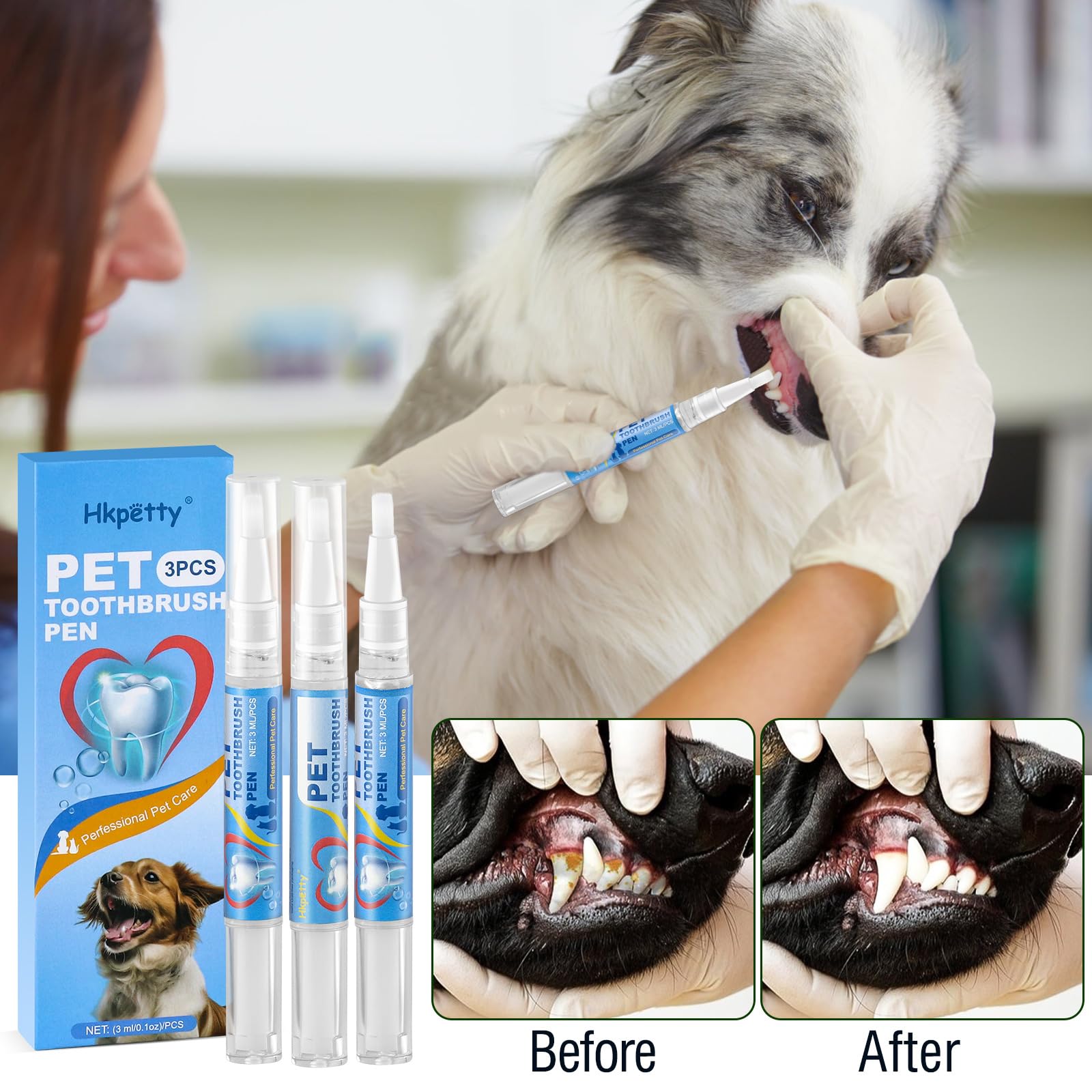 Hkpetty teeth-brightening-pen used on dogs and cats demonstrates stain-targeting formula for fresher breath.