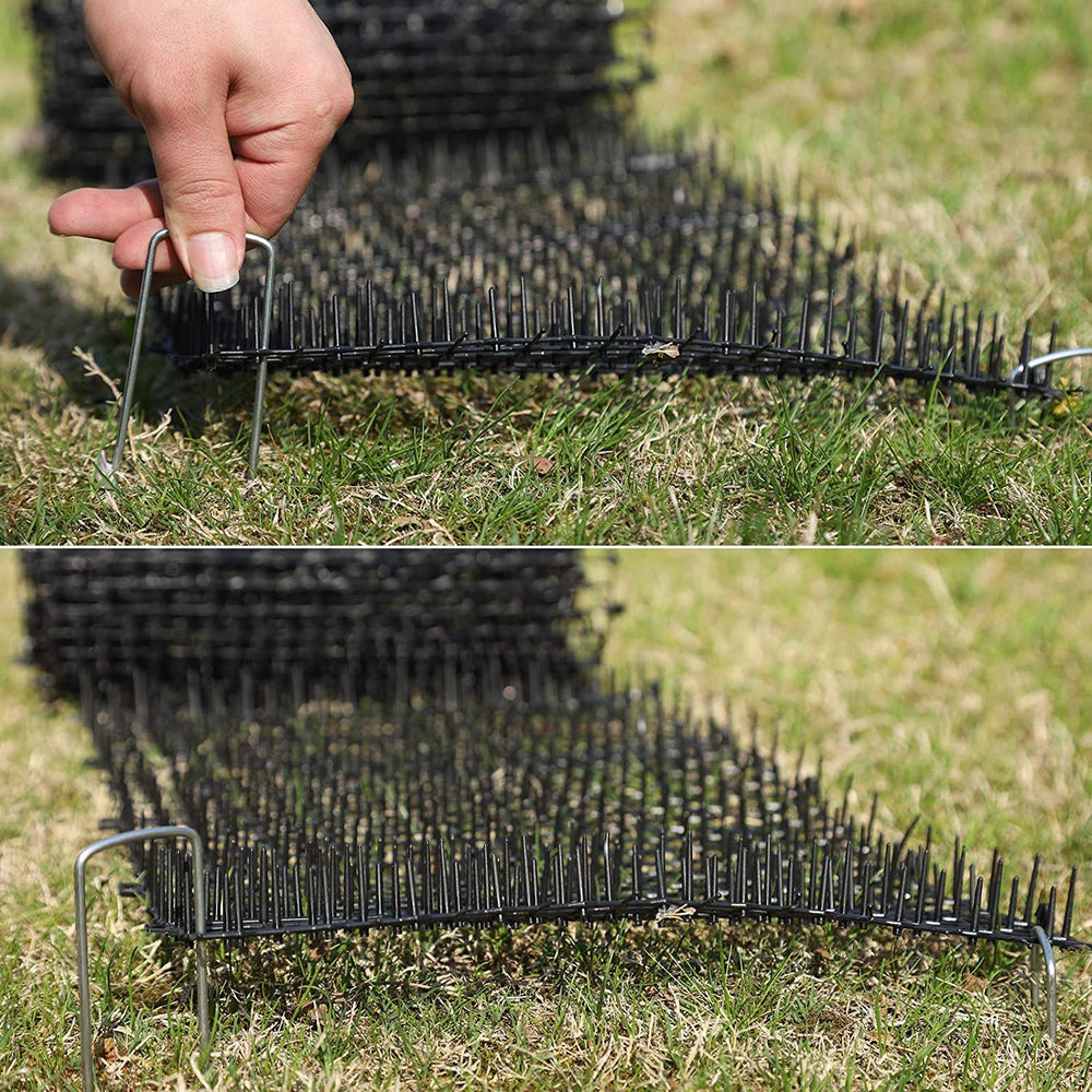 Hmdivor scat mat includes eight garden staples for secure outdoor use.