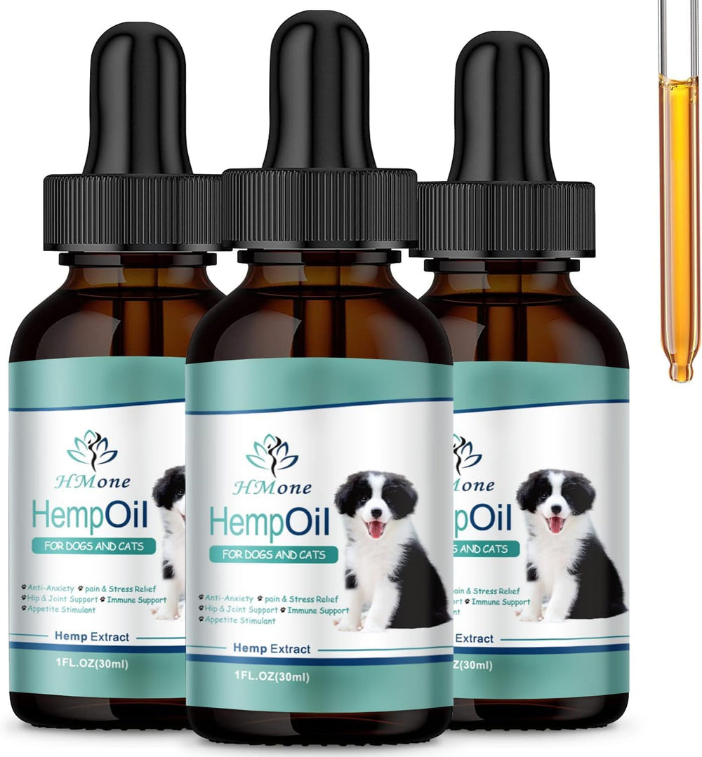 HMone hemp oil drops bottle with dropper for pets—calming wellness support